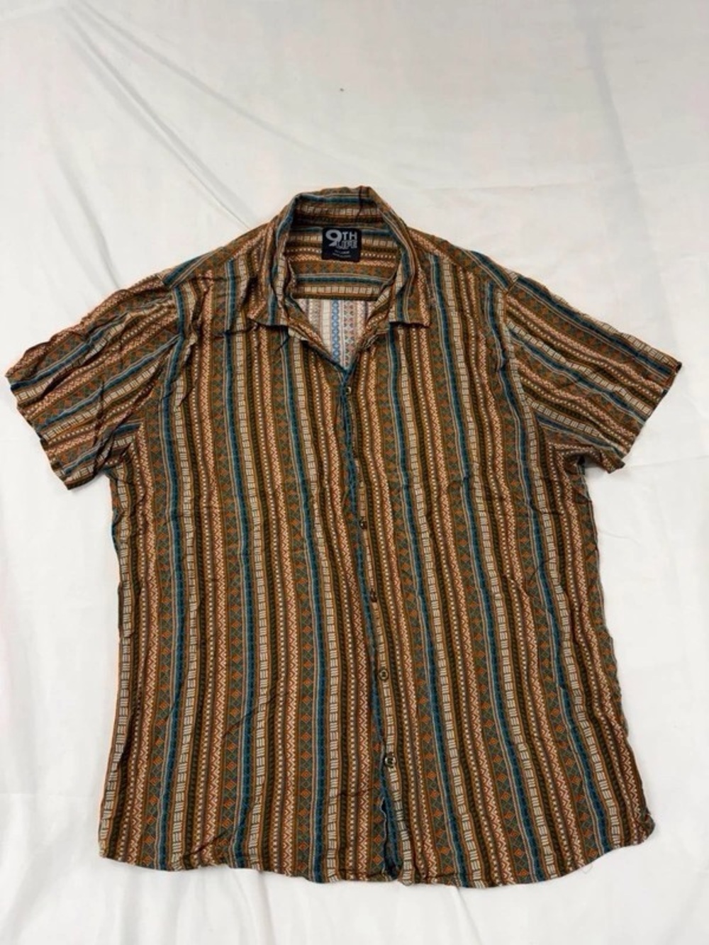 Reformation Brown and Teal Striped Short Sleeve Button-Up Shirt